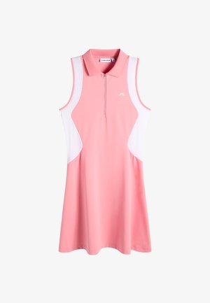 Mouwloze roze jurk met witte mesh zijpanelen, een kraag en een rits aan de voorkant, met een klein wit logo op de borst.