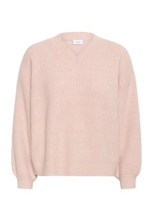 Hele roosa sügav v-kaelusega kampsun ribikootud tekstuuriga. Omab langenud õlgu ja pikad, veidi kitsenevad varrukad. Pehme kangas.