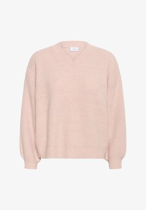 Hele roosa sügav v-kaelusega kampsun ribikootud tekstuuriga. Omab langenud õlgu ja pikad, veidi kitsenevad varrukad. Pehme kangas.