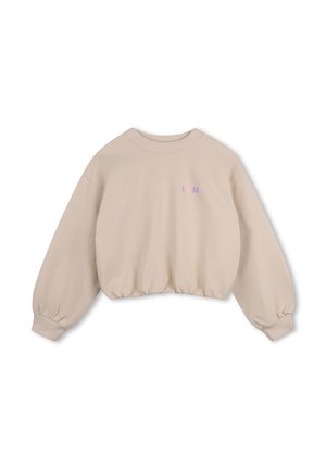 Sudadera beige corta con mangas largas abullonadas, puños y cuello de canalé, y pequeño texto en colores pastel en el pecho.