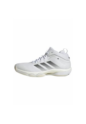 Weißer mittelhoher Sportschuh mit Mesh-Obermaterial, drei dunklen Streifen an der Seite und einer wellenförmigen strukturierten Sohle.
