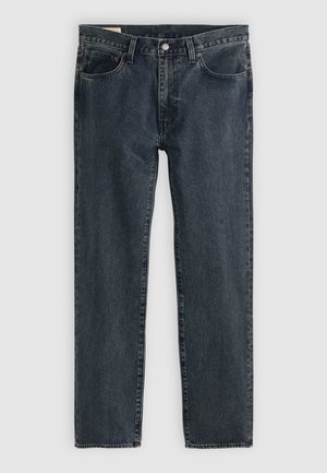 Dark blue denim jeans with a straight leg design, five pockets, and a button-fly closure. The fabric shows a subtle fade and texture.