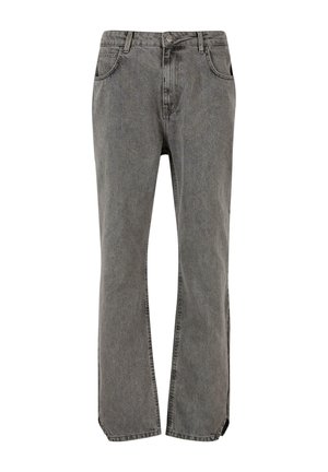 Grå denim straight-leg jeans med fem lommer, glidelås og en lett utvasket finish, med sømdetaljer og en avslappet silhuett.