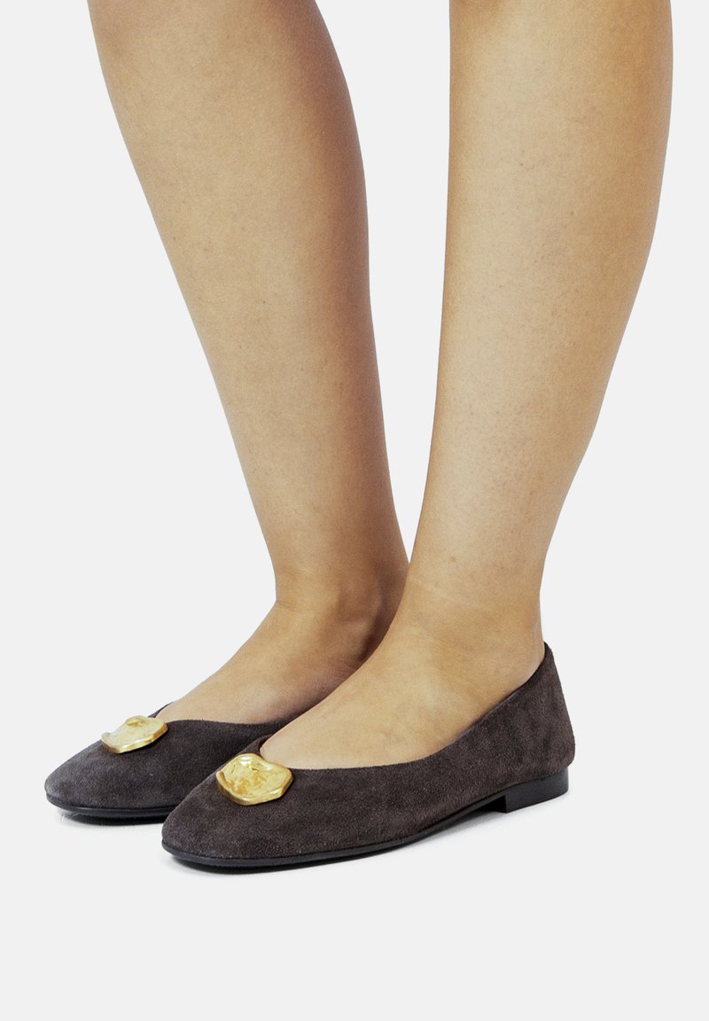 Bailarinas marrones de ante con punta afilada, que cuentan con un prominente acento decorativo dorado en el empeine y una suela baja y plana.