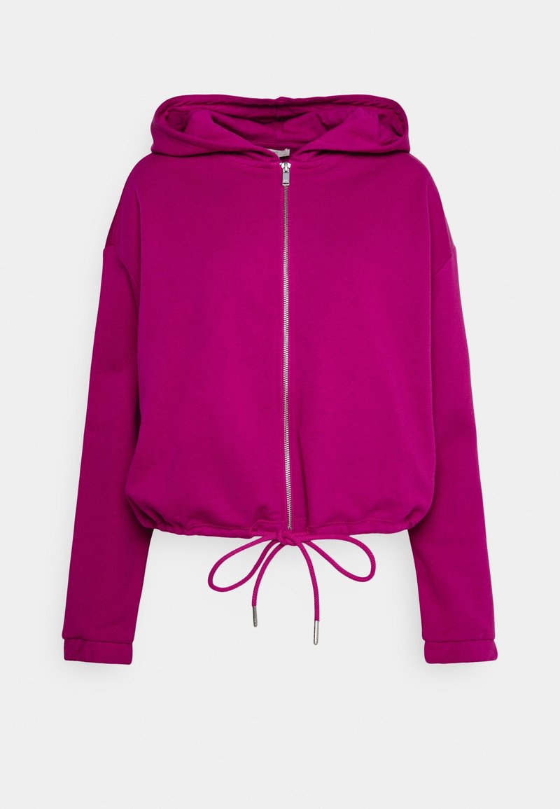 Sweat à capuche zippé magenta avec manches longues, ourlet à cordon noué en nœud et capuche attachée, présenté sur un fond uni.