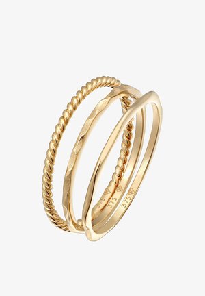 Sæt af tre guld ringe med et snoet design, en tekstureret overflade og en glat, poleret ring; stemplet med renhedsmærke.