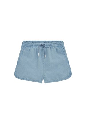 Svetlo modri denim kratke hlače z elastičnim pasom in sprednjo vrvico, z bočnimi žepi in ukrivljenim robom.