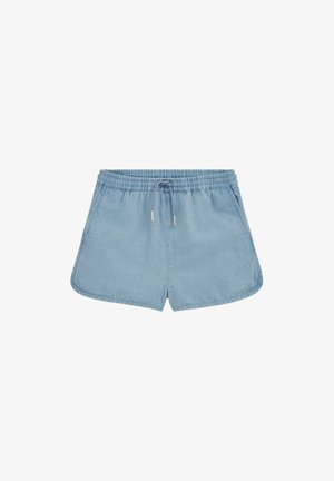 Svetlo modri denim kratke hlače z elastičnim pasom in sprednjo vrvico, z bočnimi žepi in ukrivljenim robom.