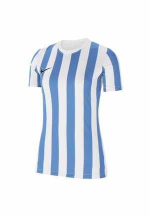 T-shirt féminine Nike fabriqué en tissu léger, avec des rayures verticales bleues et blanches, des manches courtes et un logo noir sur la poitrine.