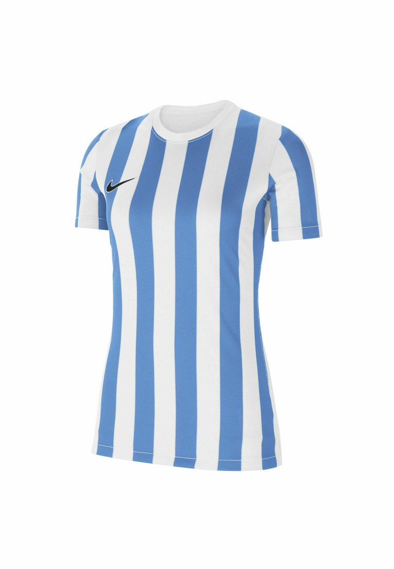 Maglietta da donna Nike realizzata in tessuto leggero, con righe verticali blu e bianche, maniche corte e un logo nero sul petto.
