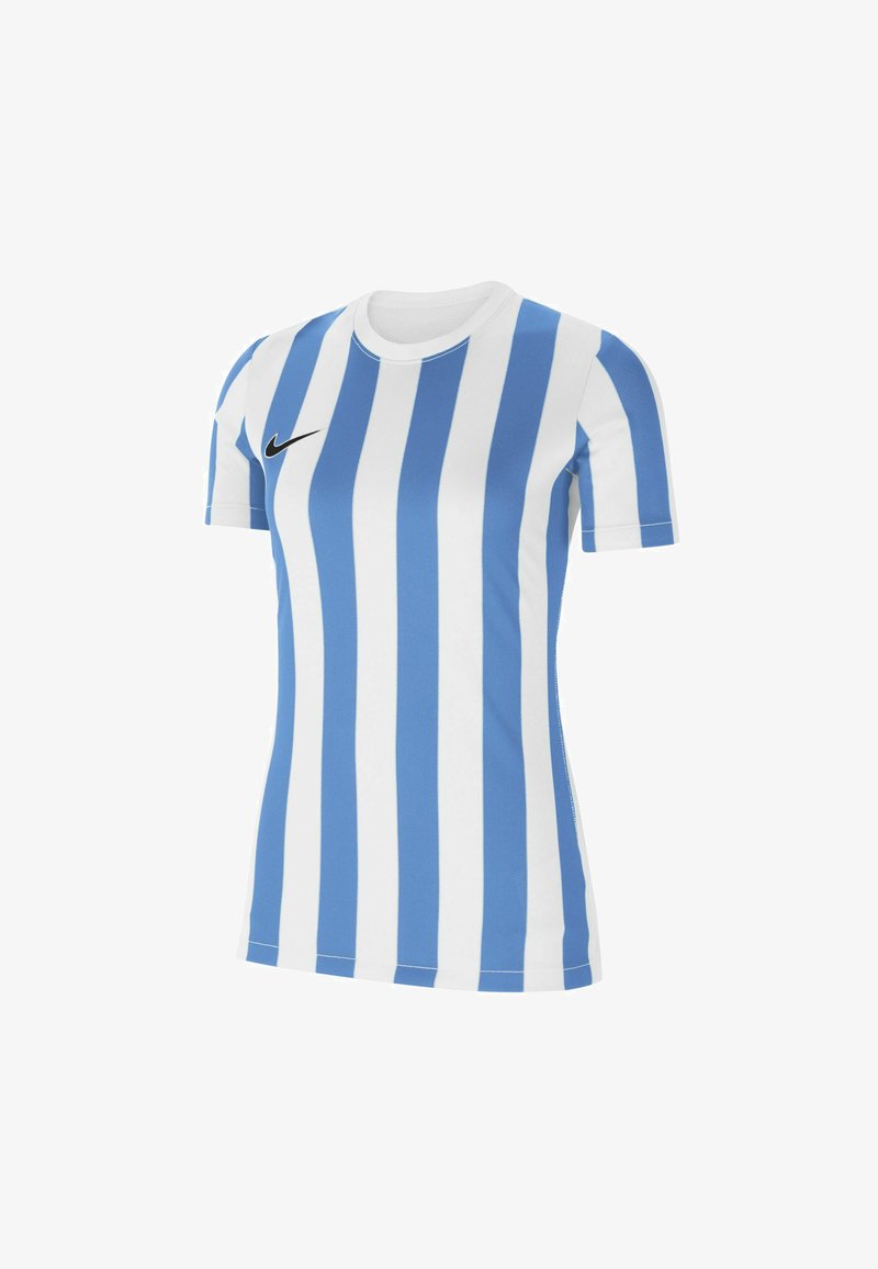 Maglietta da donna Nike realizzata in tessuto leggero, con righe verticali blu e bianche, maniche corte e un logo nero sul petto.
