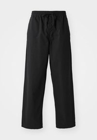 Pantalon noir à taille élastique avec cordon de serrage, jambes droites, conçu pour une tenue décontractée.