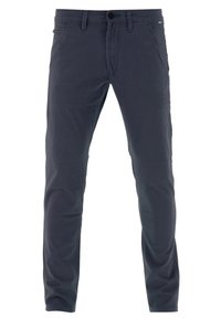 Chinos de color azul marino oscuro de algodón, con un diseño de frente plano, dos bolsillos laterales y cierre de botón. Ajuste slim con una textura suave.