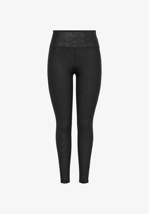 Svarte leggings med teksturert mønster, høyt liv, tettsittende form og glatt stoff for komfort og bevegelsesfrihet.