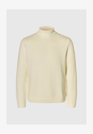 Kremasti pleteni pulover s wysokim ovratom z diskretnim teksturiranim vzorcem ter rebrastimi manšetami in robom.