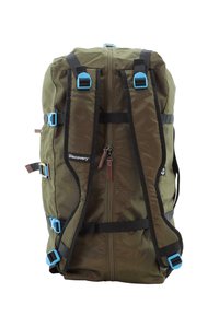 Olive green backpack made from durable nylon, featuring blue hardware, adjustable straps, and a front zip pocket with brown accents.