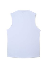 Top sportivo senza maniche in tessuto azzurro chiaro, con una superficie liscia e cuciture delle spalle arrotondate, caratterizzato da un design semplice senza decorazioni.