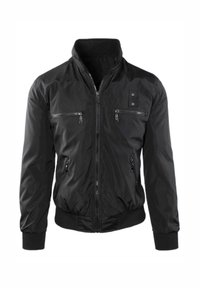 Giacca bomber nera in tessuto lucido, con colletto alto, zip frontale e quattro tasche con zip. Polsini e orlo a costine.
