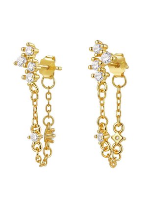 Gold chain earrings featuring three clear gemstones on each, with linked chains extending below, displaying intricate detailing and a polished finish.
