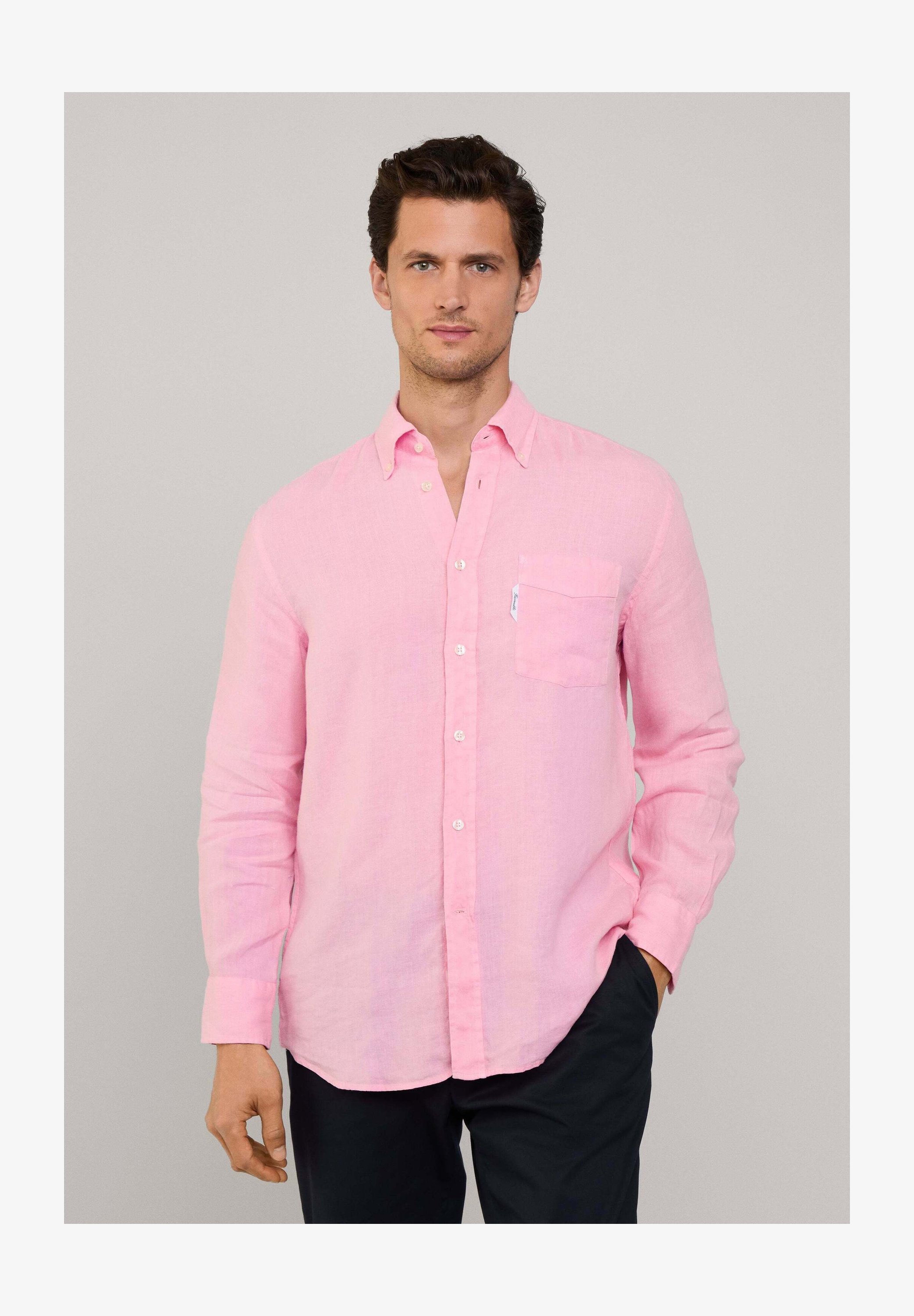 Cromoncent Camicia Uomo In Flanella Scozzese A Quadri, Maniche Lunghe, Lino Rosa Puro, Taglia M