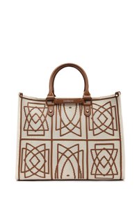 Borsa a mano rettangolare beige con motivi geometrici marroni, due manici in pelle marrone e una piccola targhetta con il logo DERIMOD al centro in alto.
