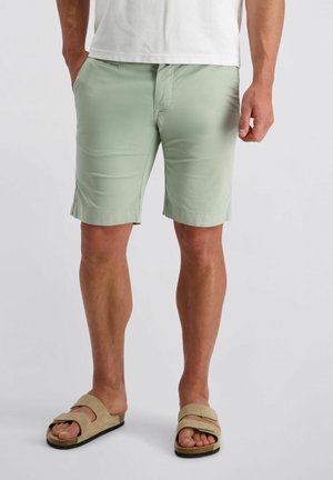 Man die lichtgroene knielange shorts, wit shirt en beige sandalen met open teen draagt, staande tegen een effen achtergrond.