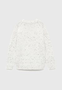 Maglione lavorato a maglia di colore grigio chiaro, con una texture marmorizzata e accenti neri, scollo rotondo e polsini e orlo a coste.