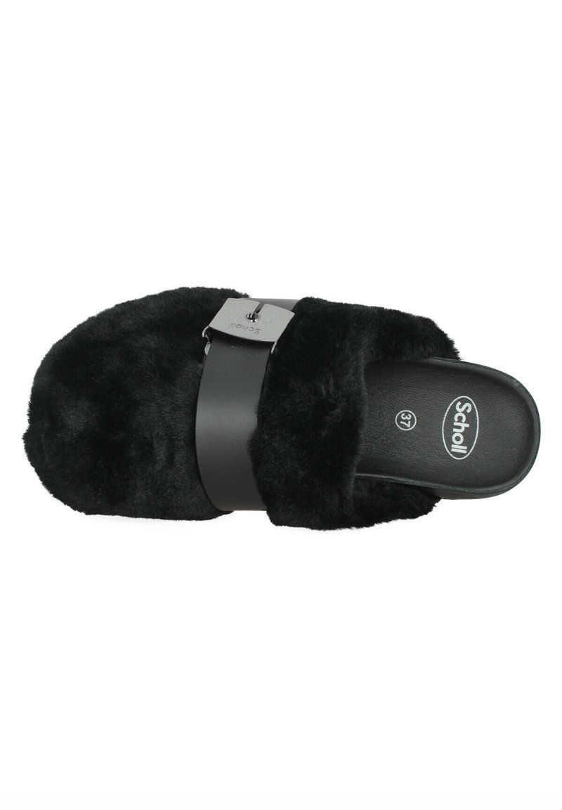 Schwarzer, pelziger Hausschuh zum Hineinschlüpfen mit einem breiten Lederriemen und silberner Schnalle, Größe 37, mit Scholl-Logo auf der Innensohle.