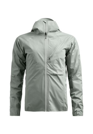 Hellgraue Kapuzenjacke mit durchgehendem Frontreißverschluss, schräg verlaufender Brusttasche mit Reißverschluss, langen Ärmeln und "ORTOVOX"-Logo auf der vorderen Tasche.