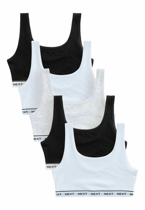 Satz von fünf Sport-BHs in Schwarz, Weiß und Grau, mit breiten Trägern und einem elastischen Band unten, das mit "NEXT" beschriftet ist.