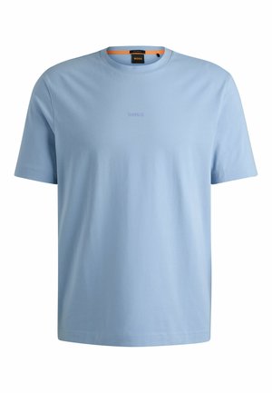 Light blue cotton t-shirt with a crew neckline, short sleeves, and a small embossed "BOSS" logo on the chest. Smooth, plain texture.