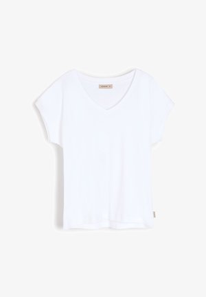 Biała koszulka z krótkim rękawem i dekoltem V. Wykonana z miękkiego materiału, posiada luźny krój oraz małą metkę marki na bocznym szwie.