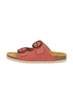 Sandali aperti di tela rossa con due fibbie circolari brown regolabili e una soletta in sughero su una leggera suola in gomma.