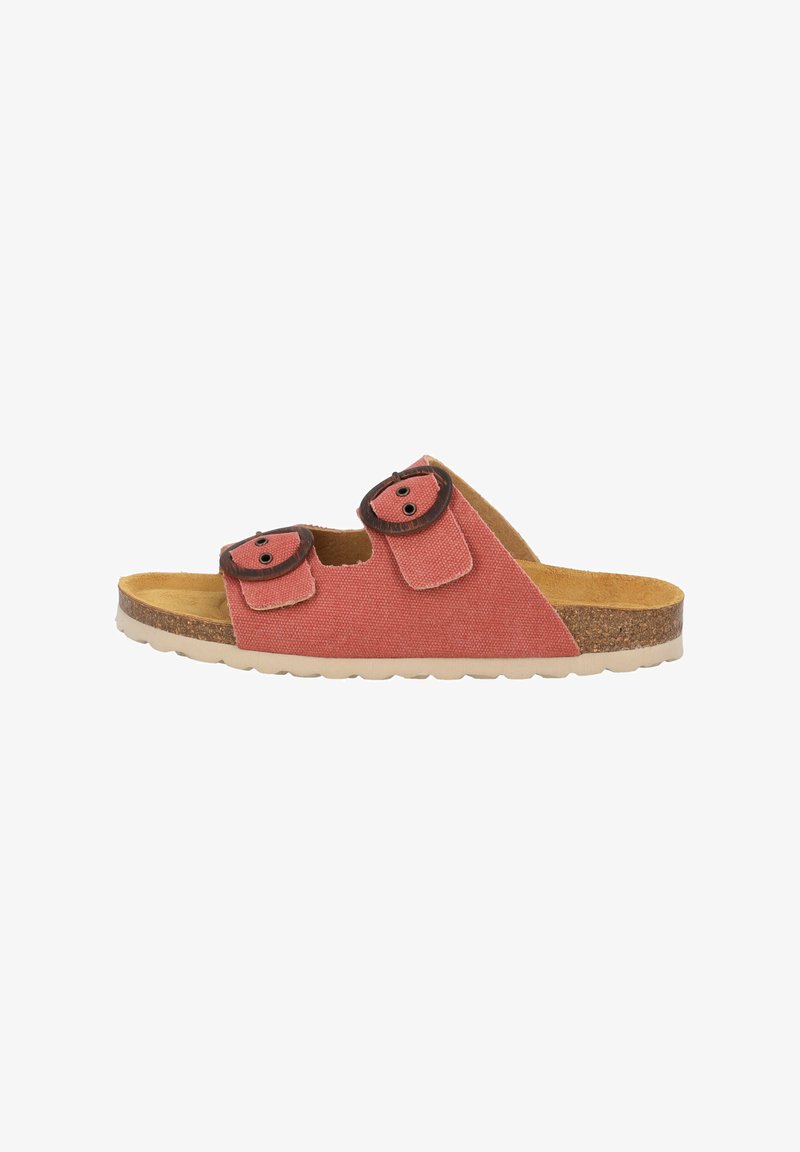 Rode canvas schuifsandalen met twee verstelbare bruine ronde gespen en een kurken voetbed op een lichte rubberen zool.