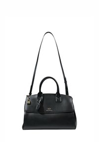 Sac à main en cuir noir Armani Exchange avec poignées supérieures, bandoulière réglable, rabat avant et petit charm cadenas doré.
