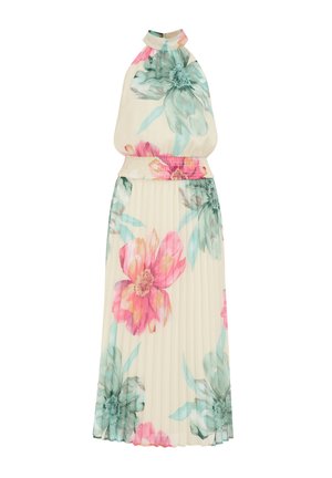 Abito halter floreale in crema con stampe di fiori rosa e turchese. Presenta una vita arricciata e una gonna plissettata per un tocco di texture in più.
