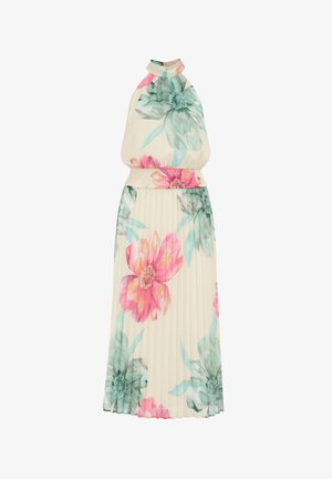 Blomster halterneck kjole i creme med pink og teal blomstermønstre. Har en smocked talje og plisseret nederdel for ekstra tekstur.
