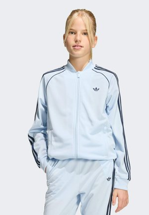 Nuori henkilö vaaleine hiuksineen, pukeutunut vaaleansiniseen Adidas-verryttelypukuun, jossa on tummat raidat, seisoo käsineen taskuissa yksiväristä taustaa vasten.