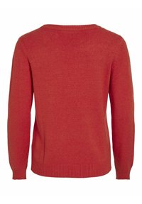 Pull tricoté rouge à manches longues avec ourlet, poignets et encolure ras du cou côtelés, vu de dos.
