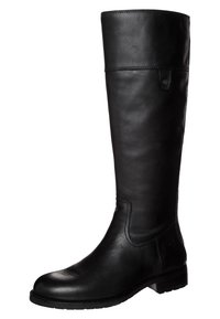 Botte en cuir noir hauteur genou avec une texture lisse, un bout arrondi, des coutures minimales et un petit logo près du talon.