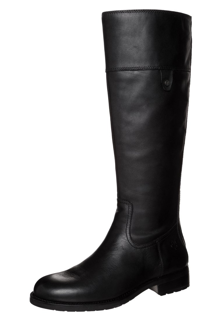 Botte en cuir noir hauteur genou avec une texture lisse, un bout arrondi, des coutures minimales et un petit logo près du talon.