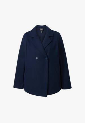 Marineblå dobbeltradet frakke med brede revers, to knapper og forlommer, vist på en hvid baggrund.