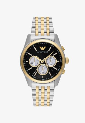 Herren-Chronographenuhr mit schwarzem Ziffernblatt, drei silbernen Teilzifferblättern, einem Metallarmband in Silber und Gold sowie goldenen Akzenten auf der Lünette und der Krone.