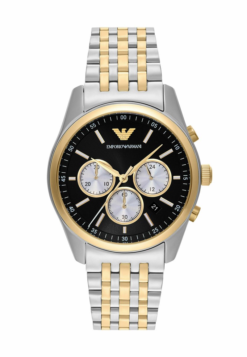 Herren-Chronographenuhr mit schwarzem Ziffernblatt, drei silbernen Teilzifferblättern, einem Metallarmband in Silber und Gold sowie goldenen Akzenten auf der Lünette und der Krone.