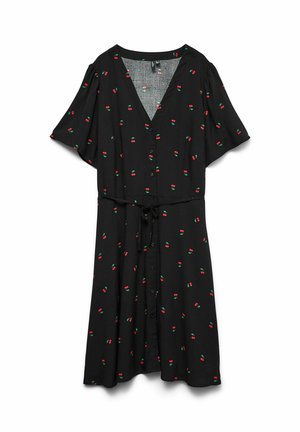 Black dress with short sleeves, V-neck, and button front. Features a cherry pattern in red and green. Tied waist detail. Soft texture.