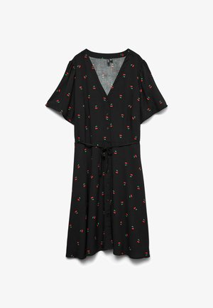 Black dress with short sleeves, V-neck, and button front. Features a cherry pattern in red and green. Tied waist detail. Soft texture.
