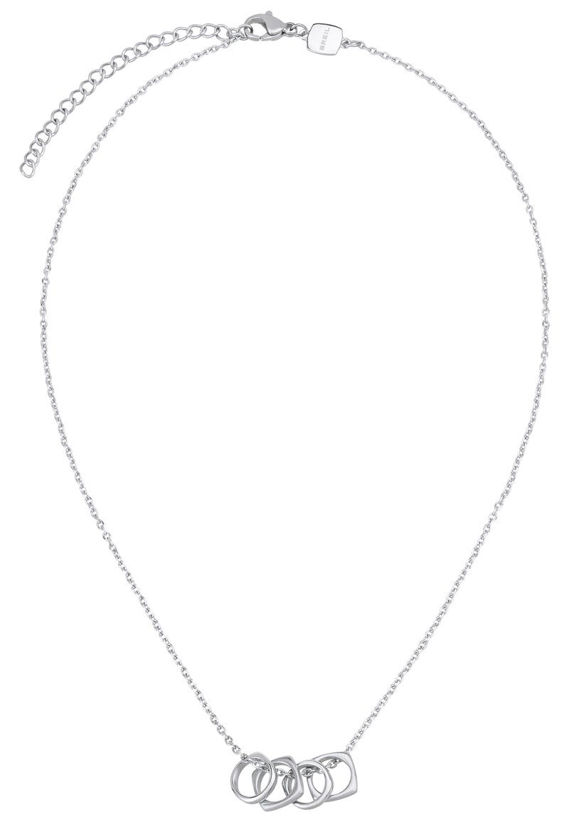 Collana d'argento con una delicata catena e quattro anelli interconnessi, di cui uno di forma quadrata, che mette in evidenza una superficie metallica liscia.