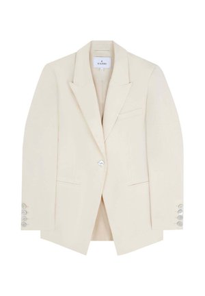 Light beige tailored blazer with structured shoulders, notched lapels, single-button closure, two front pockets, and button accents on sleeves.