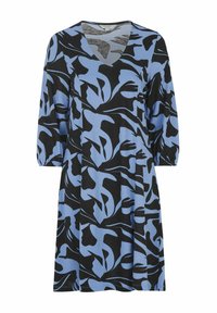 Blau- und schwarz gemustertes Kleid mit V-Ausschnitt und Dreiviertelärmeln. Hergestellt aus weichem Stoff, mit abstrakten Blumenformen.