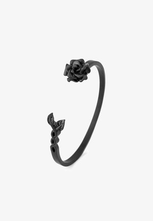 Fekete fém karkötő, melynek egyik végén rózsadísz, a másikon levél található, sima felülettel és minimalista dizájnnal.